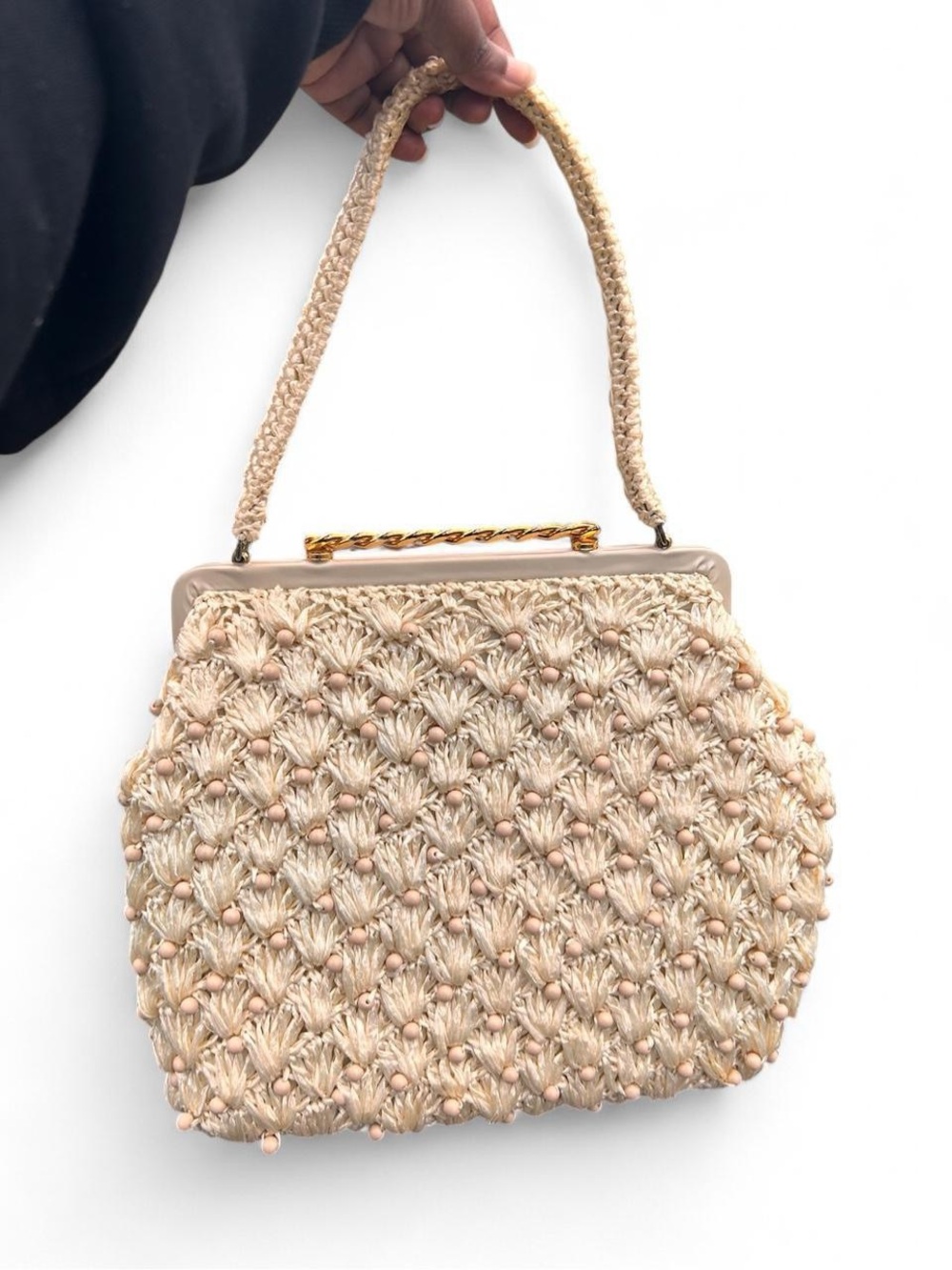 Vintage Cream Woven Beaded Raffia Hinge Handbag Ivory Bridal Beach Accessory 60s - Picture 2 of 7
